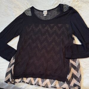 Daytrip Black Sweater Front with Chevron Fabric Back & Embellished Shoulders